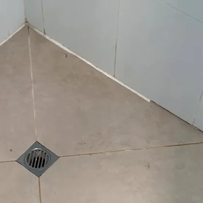 A phone photo of a shower floor with stained, cracked grout, the kind of photo to send