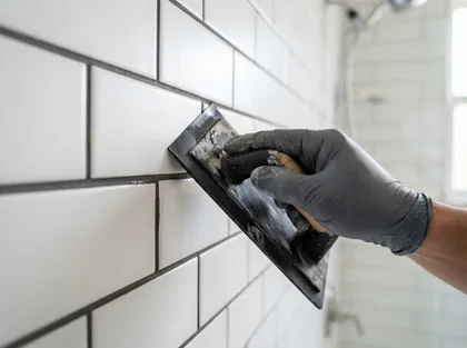 A gloved hand pressing new grout into subway tile joints with a float