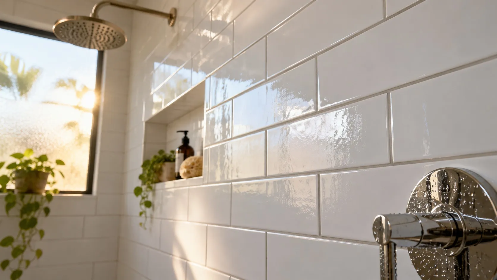 Clean white subway tiles in a sunlit shower with a brass rain shower head, a window with palms and a chrome mixer