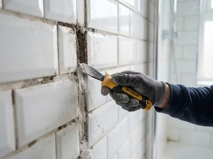 Old grout being raked out of the joints between white subway tiles