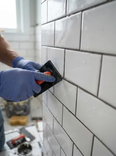 Gloved hands working a float along white subway tiles beside a shower